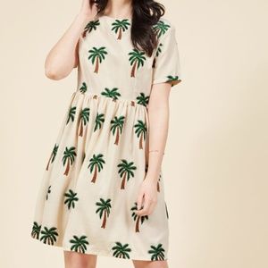 Modcloth Cream Palm Tree Print Short Sleeve Dress